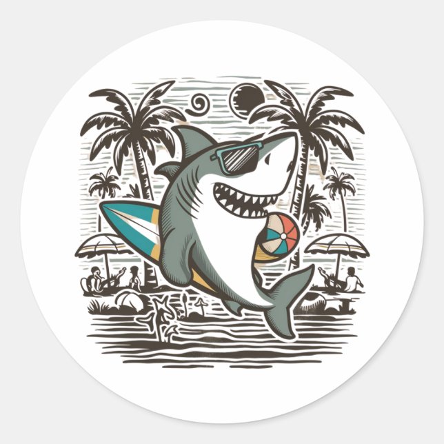 Beach shark t-shirt design classic round sticker (Front)