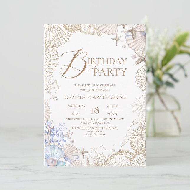 Beach Shell Elegant Birthday Party Invitation (Standing Front)