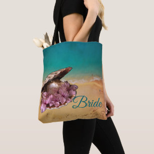 Beach Shell With Flowers On The Beach (Your Text) Tote Bag