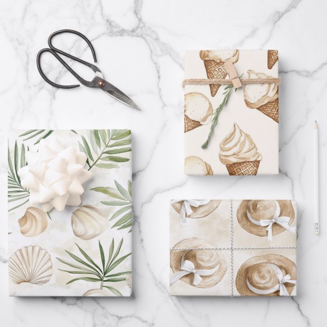 Beach Shells Leaves Ice Cream Cones Sun Hats Wrapping Paper Sheet (Front)