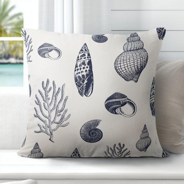 Beach Shells Navy Blue White Cushion (Discover Gorgeous Coastal Throw Pillows by Totally Coast.)