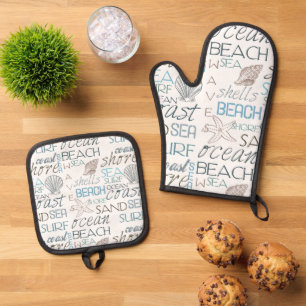 Beach Shells Sea Sand Blue Oven Mitt & Pot Holder Set