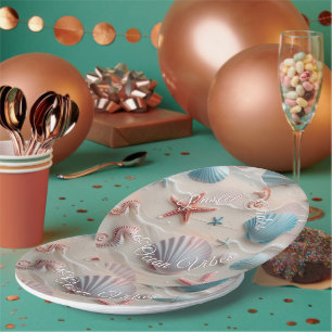 Beach Shells, Starfish & Seahorses Pink Sand Party Paper Plate