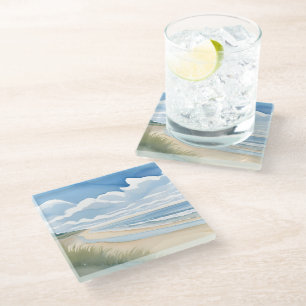 Beach Shore Walk Coastal Ocean Watercolor Glass Coaster