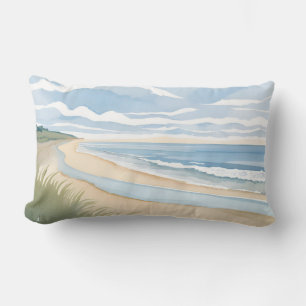 Beach Shore Walk   Coastal Ocean Watercolor Lumbar Cushion