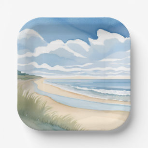 Beach Shore Walk Coastal Ocean Watercolor Paper Plate