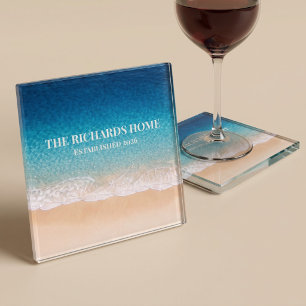 Beach Shoreline Custom Name Glass Coaster
