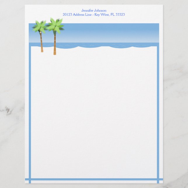 Beach Shoreline with Palm Trees Blue Ocean Custom Letterhead Design (Front)
