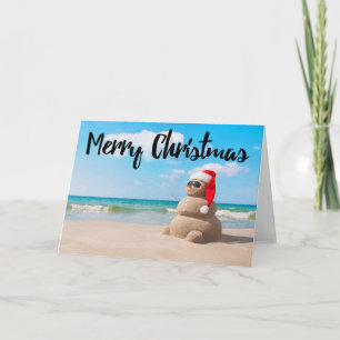 Beach Snowman Sand Merry Christmas Greeting Card