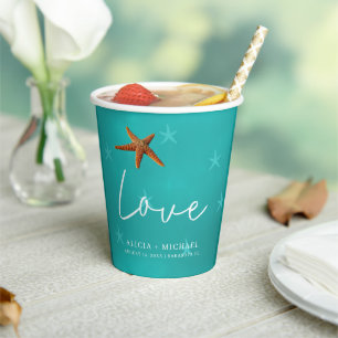 Beach starfish aqua blue couple names wedding paper cups