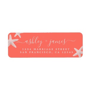 Beach Starfish Bright Coral Wedding Return Address