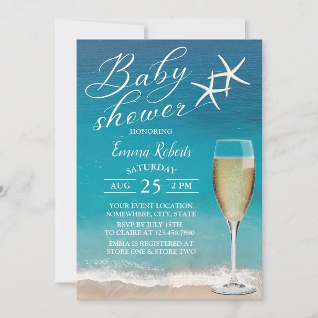Beach Starfish & Champagne Glass Baby Shower Invitation (Front)
