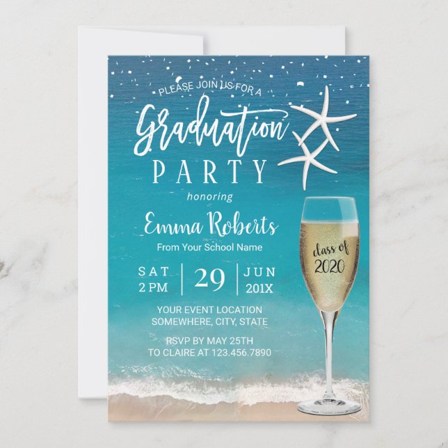 Beach Starfish & Champagne Glass Graduation Invitation (Front)