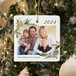 Beach Starfish Family Photo Christmas White Ceramic Ornament<br><div class="desc">This beach inspired Christmas ornament with classic white background makes a great annual holiday keepsake, easily customised for a unique gift with the photo and text templates. Holiday watercolor sprigs of holly, pine, and starfish in two corners frame the photo on both sides. Please contact me through Zazzle Chat if...</div>