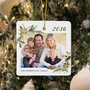 Beach Starfish Family Photo Christmas White Ceramic Ornament