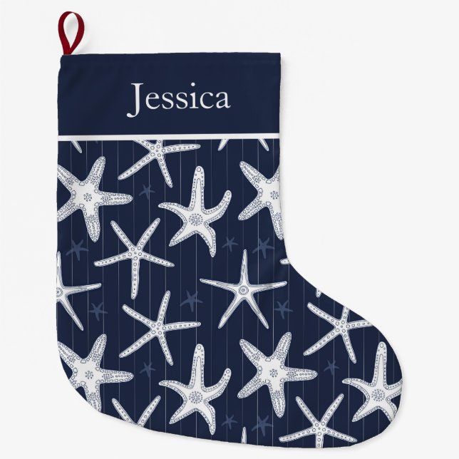 Beach Starfish Navy Blue Coastal Large Christmas Stocking (Front)