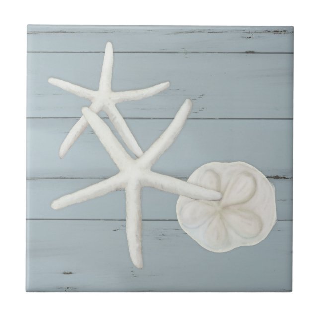 Beach Starfish Sanddollar Shells Dusty Blue Wood Tile (Front)