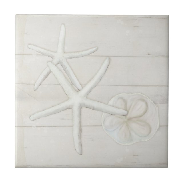 Beach Starfish Sanddollar Shells White Washed Wood Tile (Front)