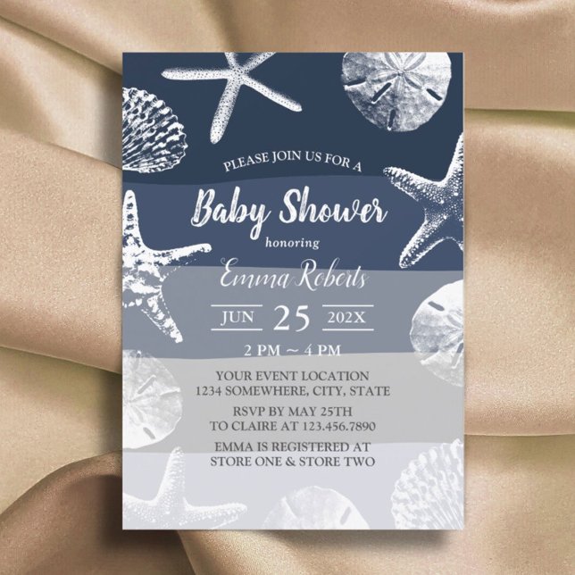 Beach Starfish & Seashells Navy Blue Baby Shower Invitation (Creator Uploaded)