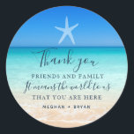 Beach Starfish Thank You Wedding Favour Classic Round Sticker<br><div class="desc">Wedding favour stickers for your beach wedding with a beach scene with navy blue ink design,  great for thanking your family and friends for attending your wedding celebration.</div>