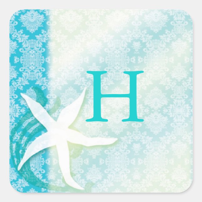 Beach Starfish Turquoise Wedding Favour Square Sticker (Front)
