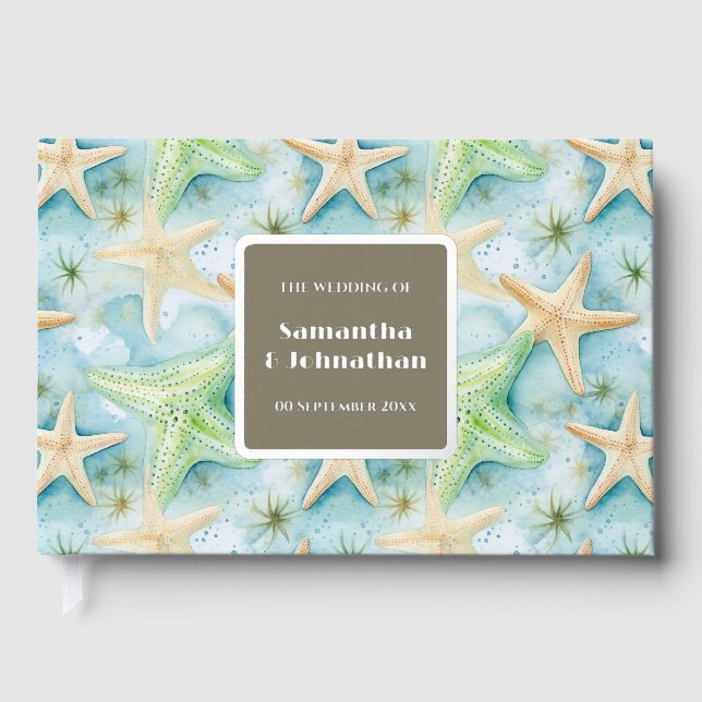 Beach starfish watercolor coastal pattern guest book (Front)