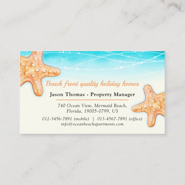Beach starfish watercolor condo property letting business card (Back)