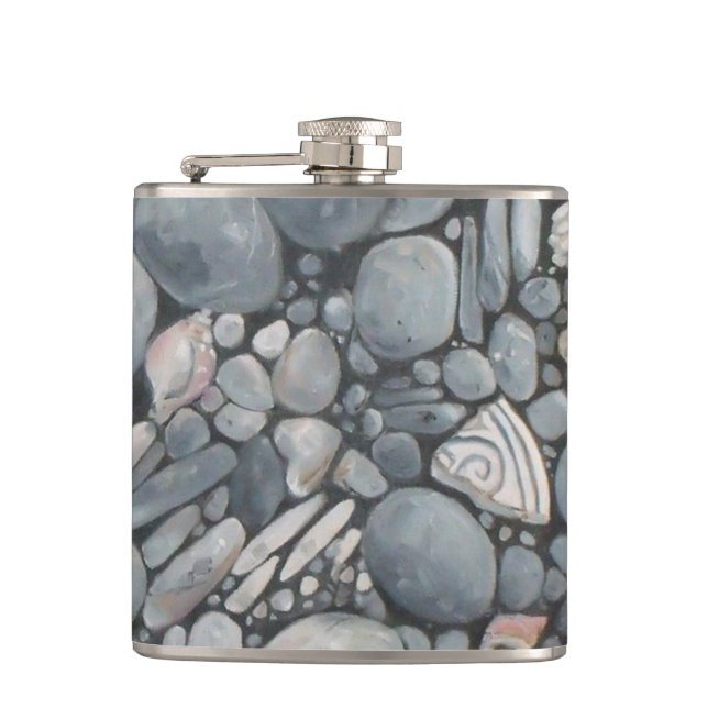 Beach Stones Shells Pebbles Rocks Painting Art Hip Flask (Front)
