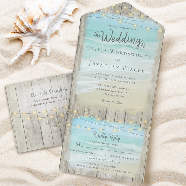 Beach String Lights Coastal Wedding All In One Invitation (Creator Uploaded)