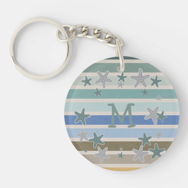 Beach Stripes and Starfish Monogram Key Ring (Front)