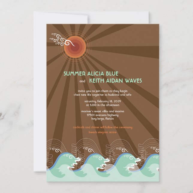 Beach Summer Cool Waves Brown Sun Wedding Invite (Front)