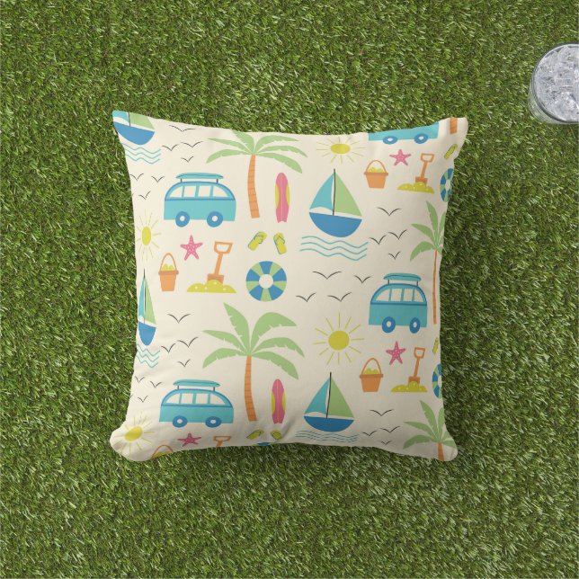Beach Summer Pattern with Palm tree and boats  Cushion (Grass)