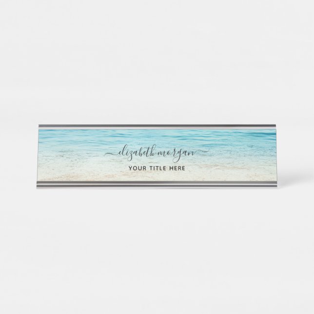 Beach Summer Personalised Aqua Blue Ocean Elegant Desk Name Plate (Front)