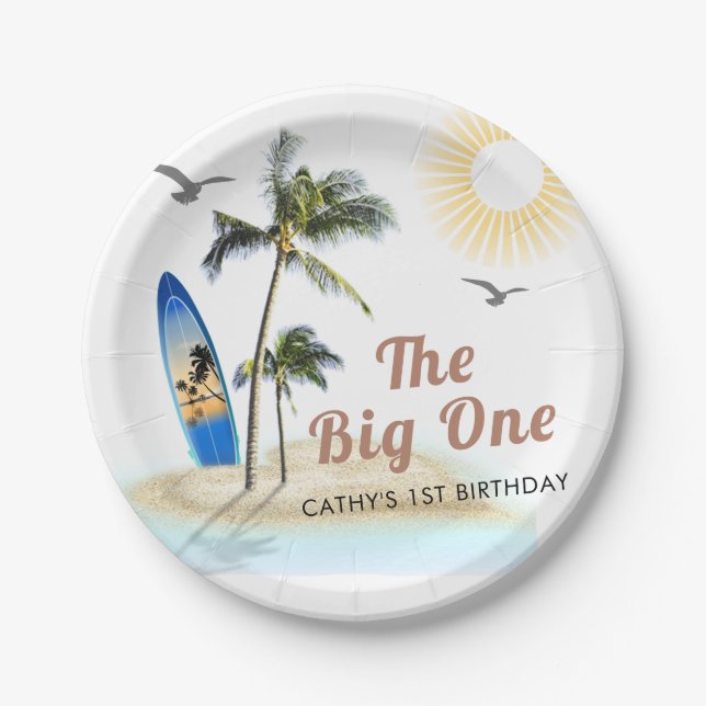 Beach Summer Surf 1st Birthday 7" Round  Paper Plate (Front)