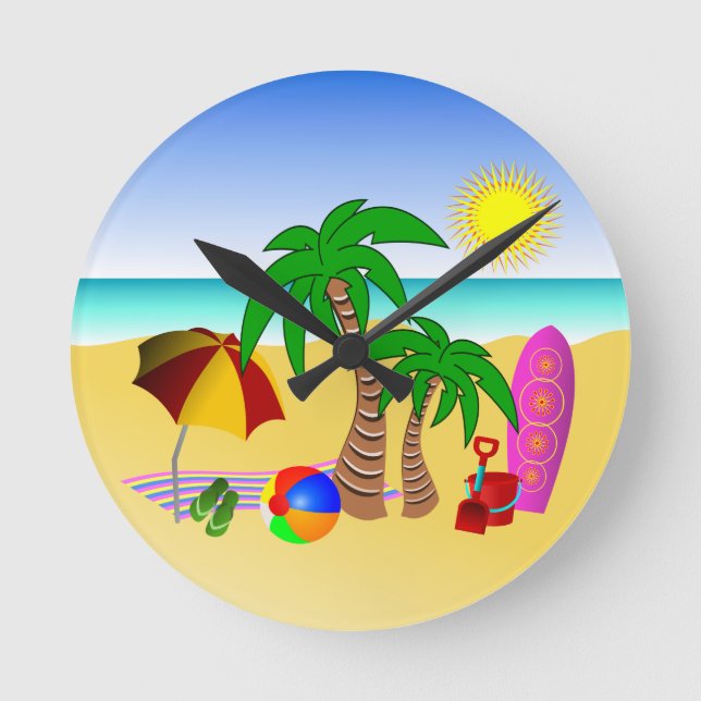 Beach Sun Sea Surf Medium Blue Round Wall Clocks (Front)