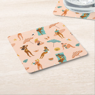 Beach Sunbathers Pattern Square Paper Coaster