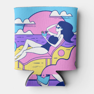 Beach Sunbathing Girl Cocktail Illustration. Can Cooler