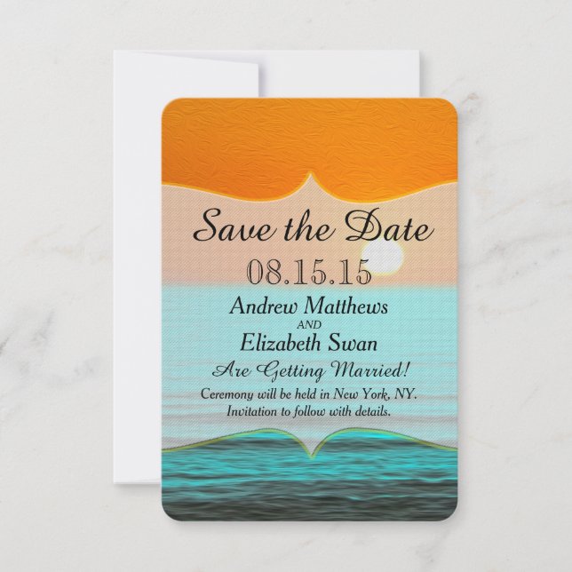 Beach Sunrise Painting in Orange Sky & Teal Water Save The Date (Front)