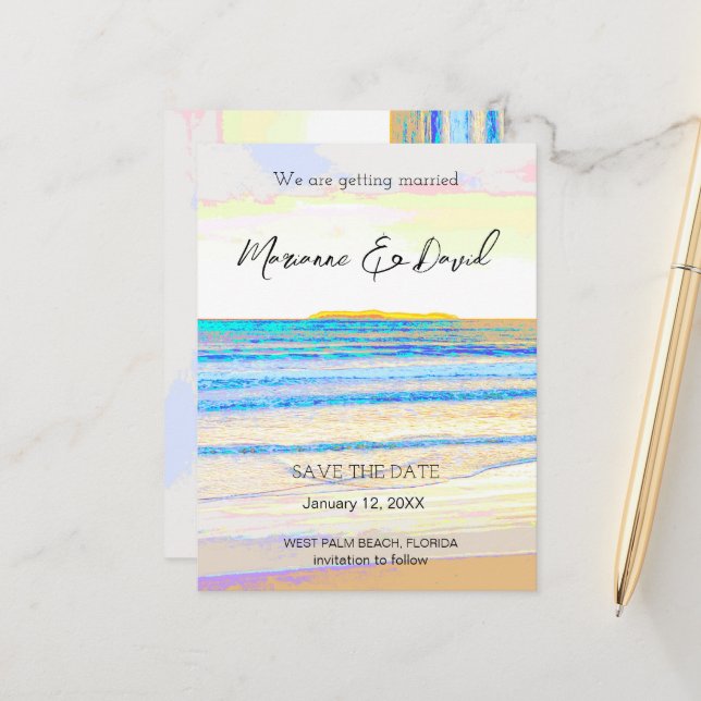 Beach sunrise save the date announcement postcard (Front/Back In Situ)