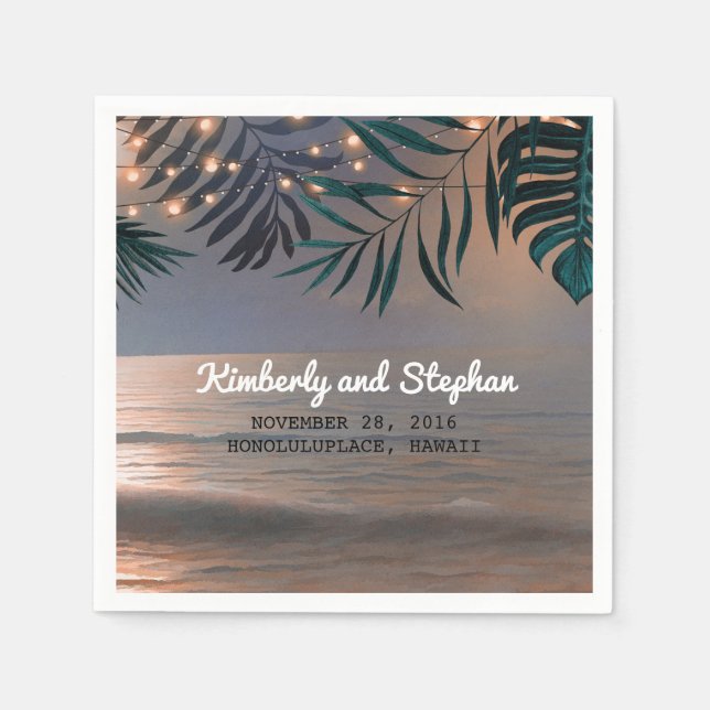 Beach Sunset and Palms Lights Destination Wedding Napkin (Front)