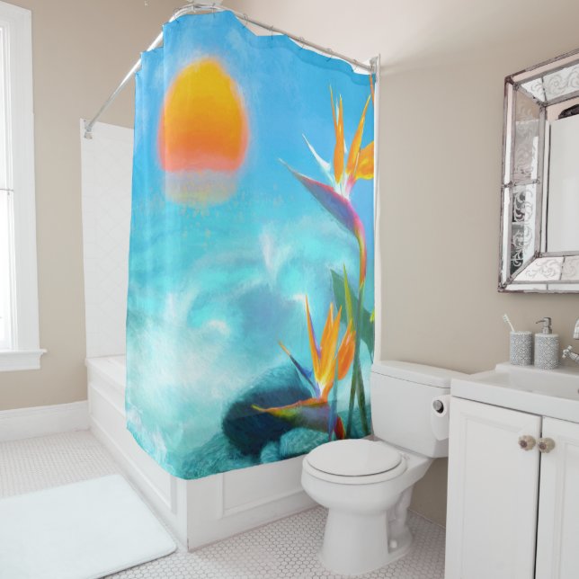 BEACH SUNSET Birds of Paradise Shower Curtain (In Situ)