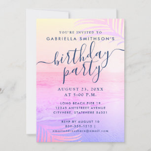 Beach Sunset Bright Pastel Pink Filter Birthday Invitation