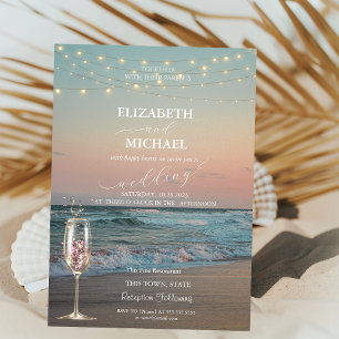 Beach Sunset,Champagne Glass Script Wedding  Invitation