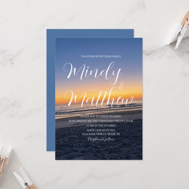 Beach Sunset Down Destination Blue Wedding Invitation (Front/Back In Situ)