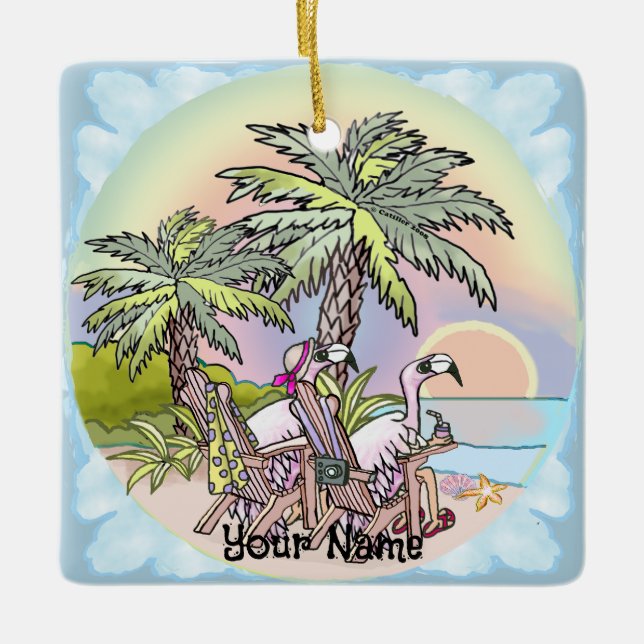 Beach Sunset Flamingo  Ceramic Ornament (Front)