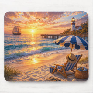 Beach Sunset Lighthouse Scene Mouse Pad