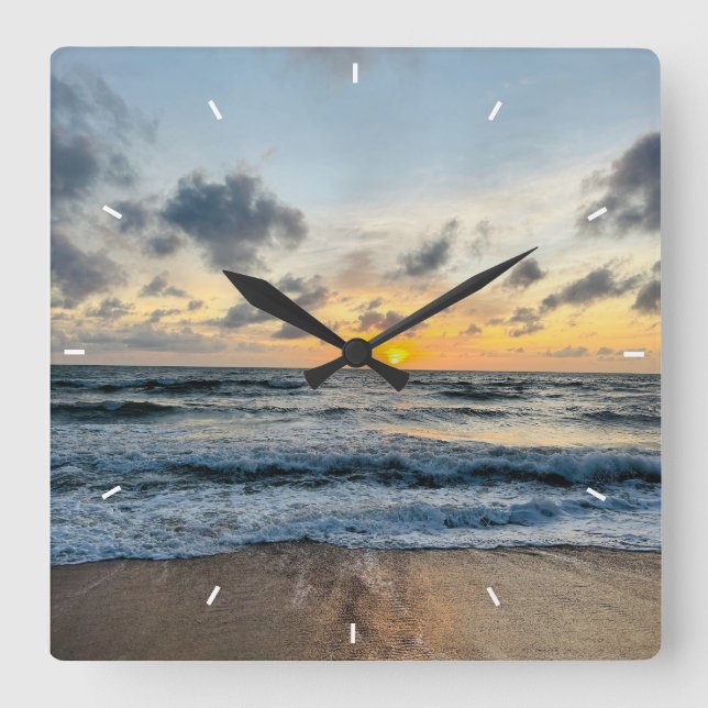 Beach Sunset Ocean Coastal Decor Tropical gift Square Wall Clock (Front)