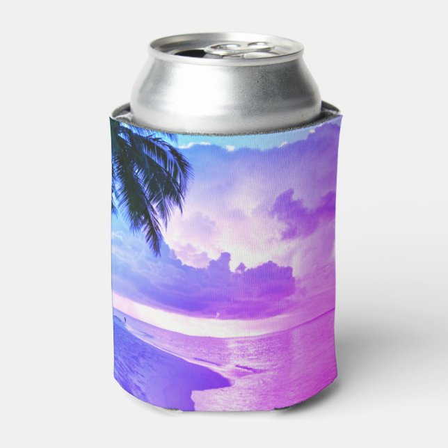 Beach Sunset ocean sand palm tree Maldives Miami Can Cooler (Can Front)