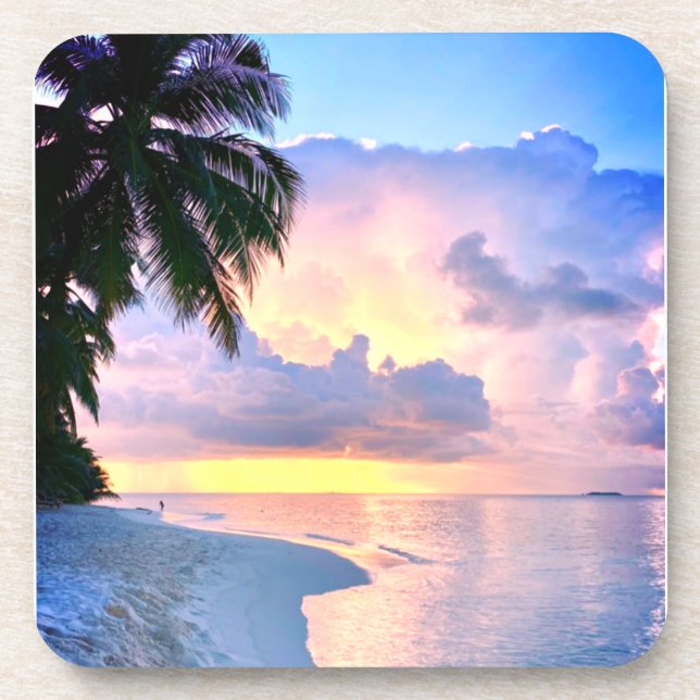 Beach Sunset ocean sand palm tree Maldives Miami Coaster (Front)