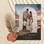 Beach Sunset Painting Seas and Greetings Photo<br><div class="desc">These beautiful holiday photo cards feature a beach sunset painting in the background and an arch shape photo template. Stylish typography reads, "Seas & Greetings" in real foil, and the arch frame is also foil. The back is a matching dark teal blue but can be customised, if desired. Add photos...</div>